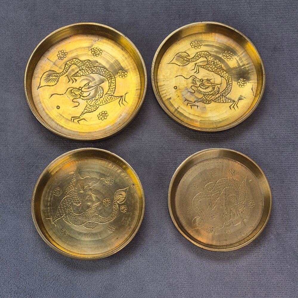 Etched Brass Dragon Nesting Trinket Incense Tray Round Dish Set of 4